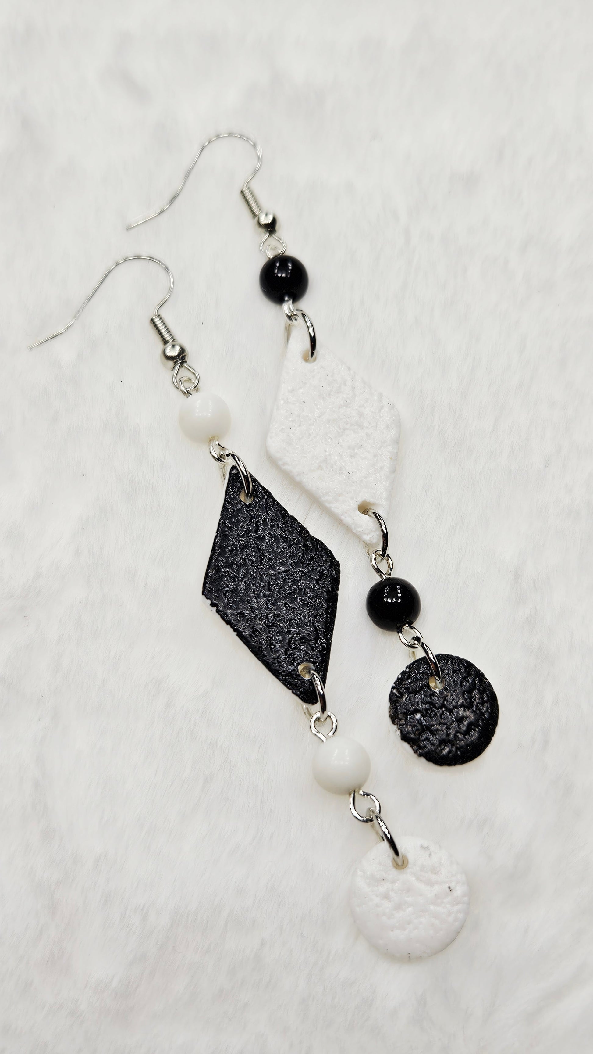 Monochrome Clay Kites Asymmetrical Dangle Earrings with Beads & Buttons