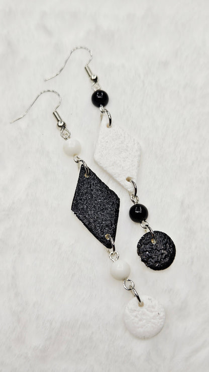 Monochrome Clay Kites Asymmetrical Dangle Earrings with Beads & Buttons