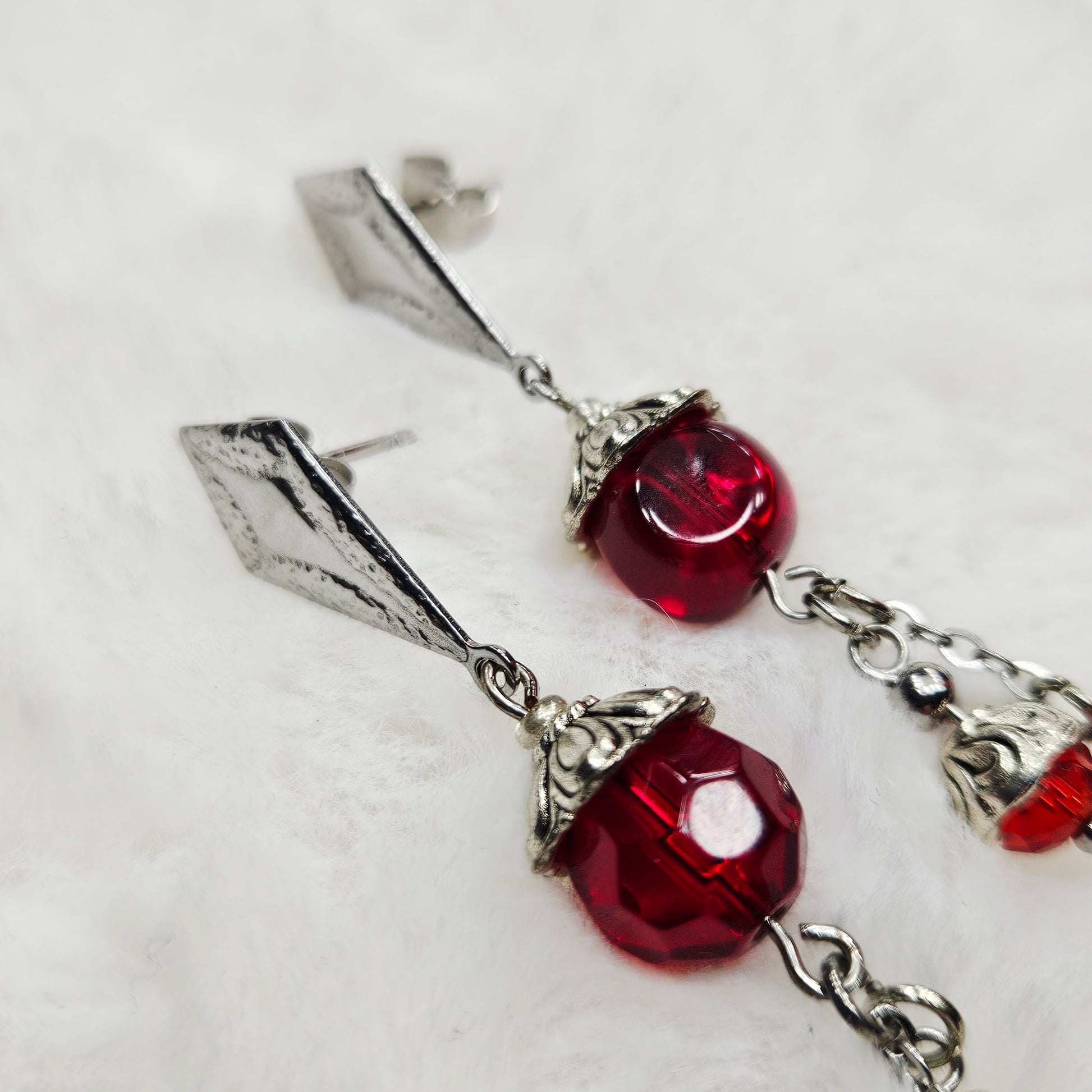 Deep Red Fire-polished Czech Glass Stud Dangle Earrings