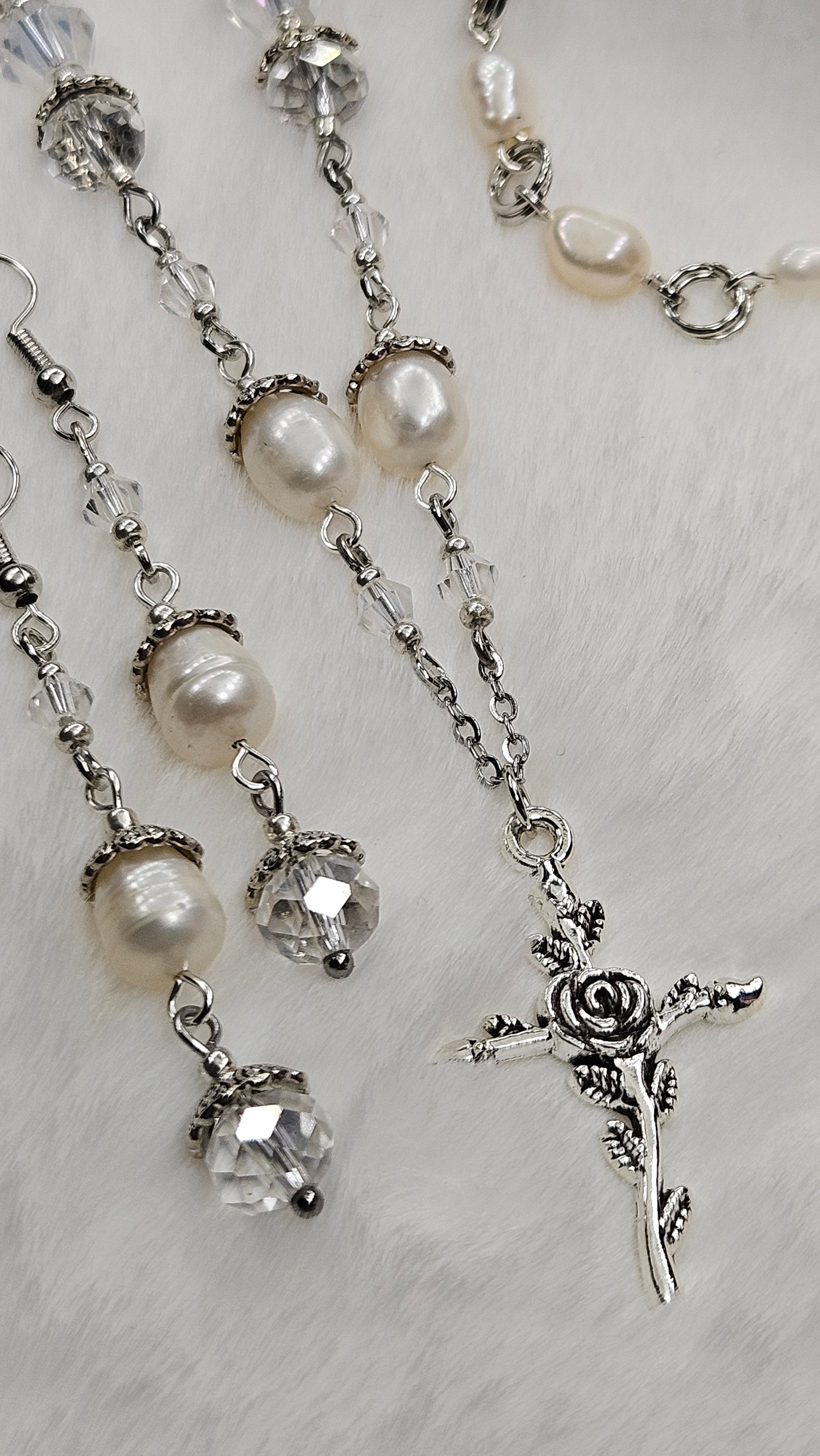 Silver Risen Rose Cross Set - Rose Cross Pendant Necklace with Crystal & Freshwater Pearls Earrings & Bracelet