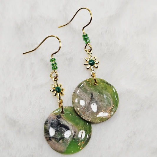 Lime Green Camouflage Polymer Clay Earrings with Gold Flowers