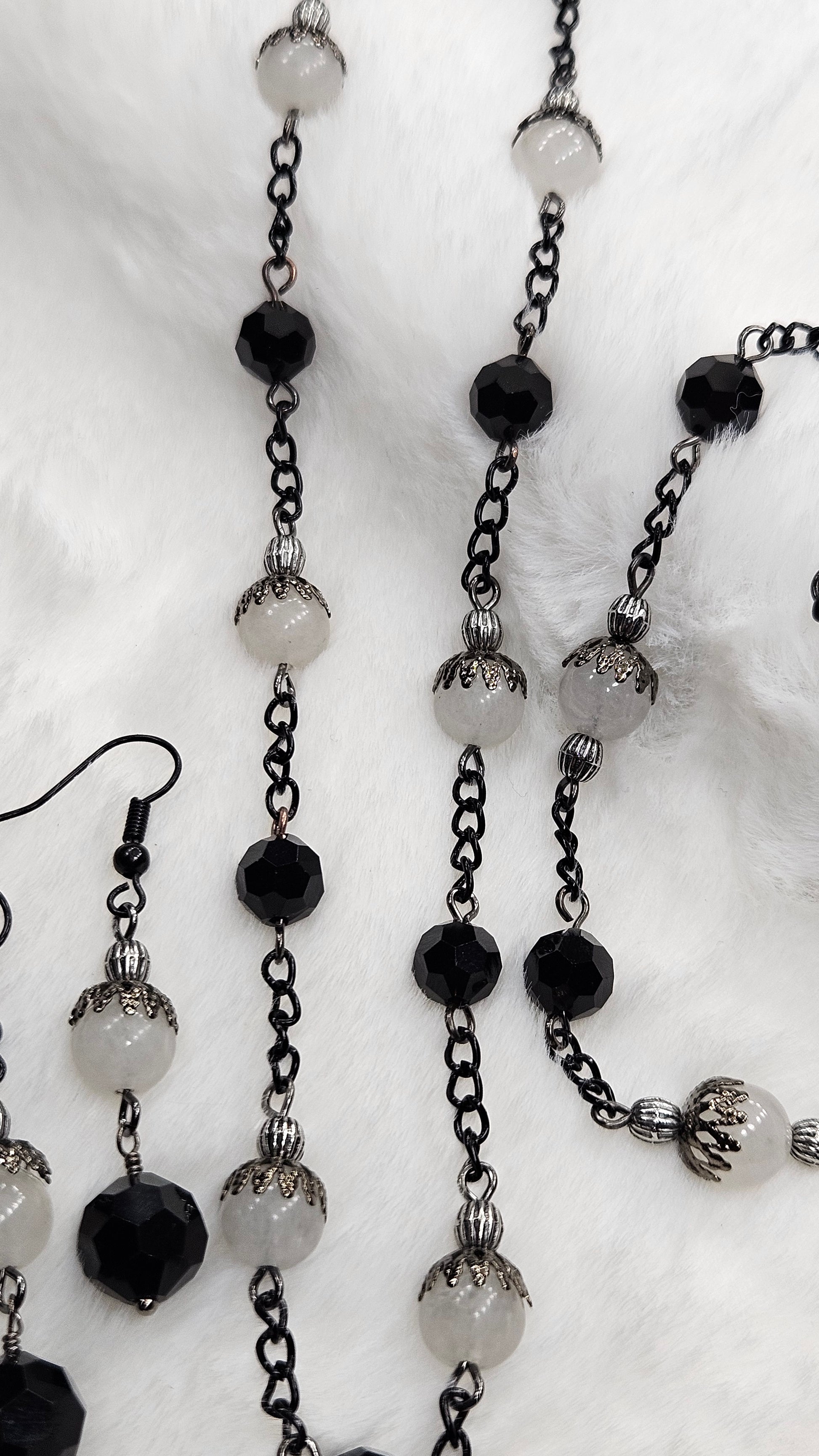 Modern Vintage Black Chain Necklace, Earrings and Bracelet with White Jade and Black Crystals