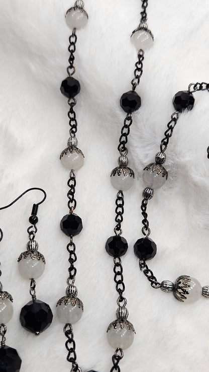 Modern Vintage Black Chain Necklace, Earrings and Bracelet with White Jade and Black Crystals