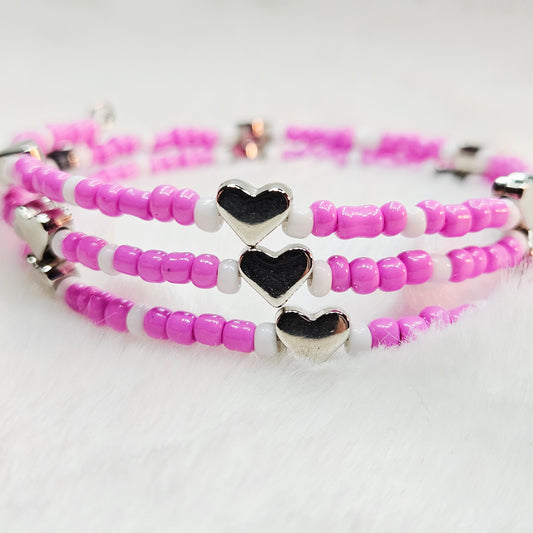 Pretty in Pink Seed Bead Wrap Bracelet with Silver Hearts