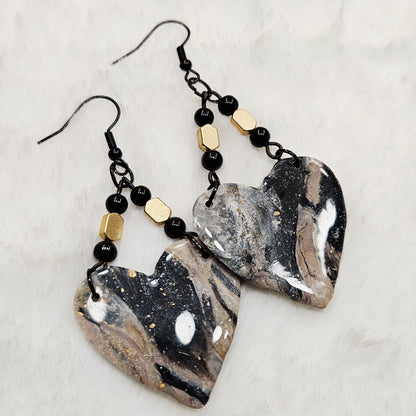 Black and Brown Gold Flake Marble Heart Polymer Clay Earrings with Black and Gold Beads