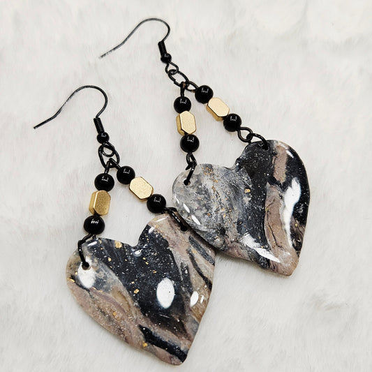 Black and Brown Gold Flake Marble Heart Polymer Clay Earrings with Black and Gold Beads