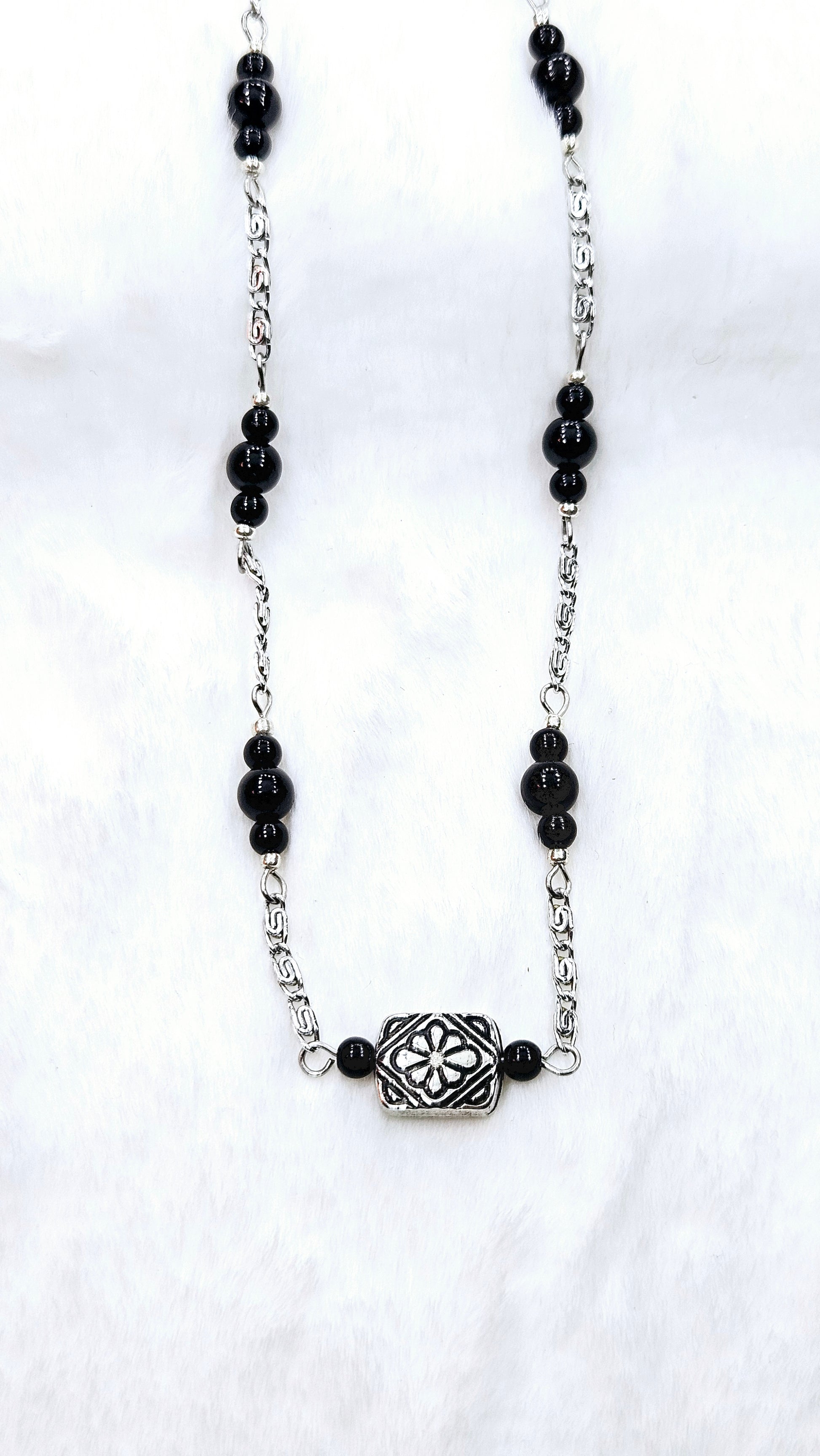 Scrollwork Silver & Black Set: Aged Silver Scrollwork Chain Necklace and Matching Earrings