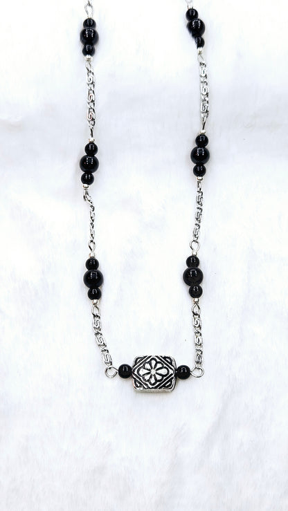 Scrollwork Silver & Black Set: Aged Silver Scrollwork Chain Necklace and Matching Earrings