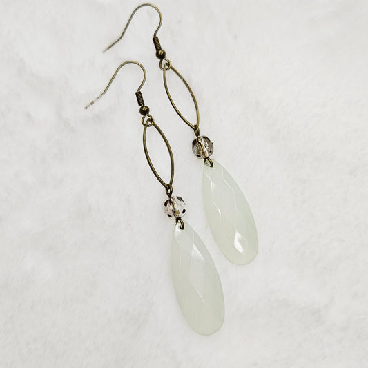 Long Antiqued Brass and Smokey Crystal Earrings with Ivory Gem Cut Teardrop Dangles