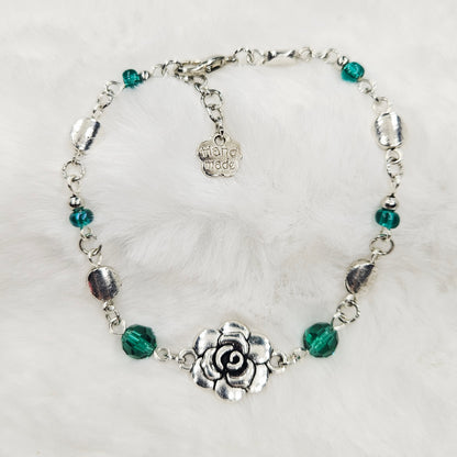 Silver Rose Bracelet with Emerald Austrian Crystals