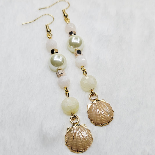 Long Beige Enamel Clamshell Earrings with Pearl and Quartz
