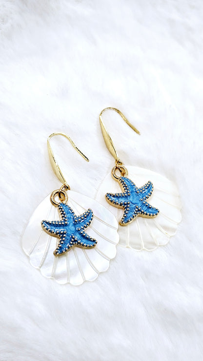 Calming Clams & Blue Starfish: Pearlescent Clam Shells with Blue Starfish Charms Dangle Earrings 