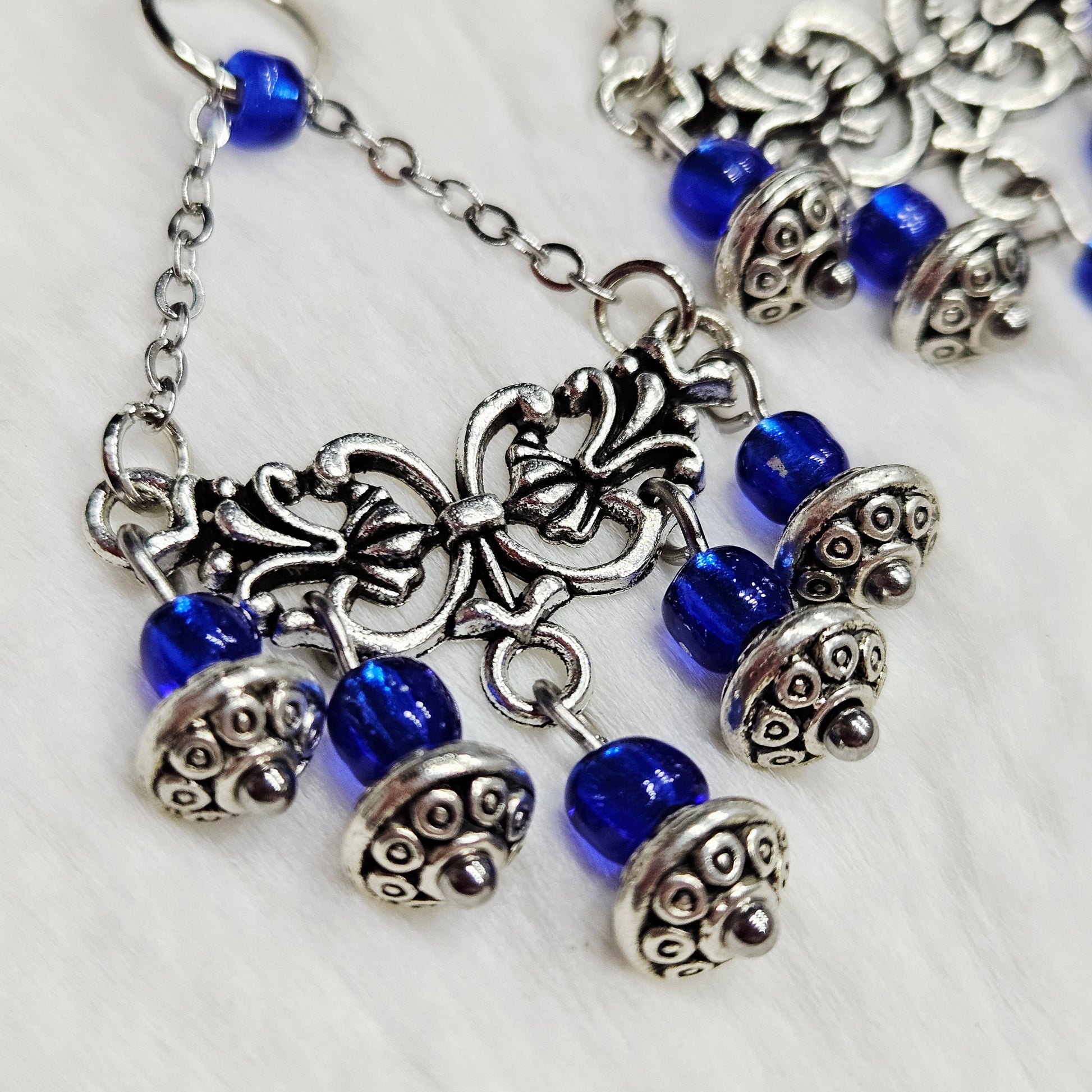 Tibetan Silver Chandelier Earrings on Chain with Blue Dangles