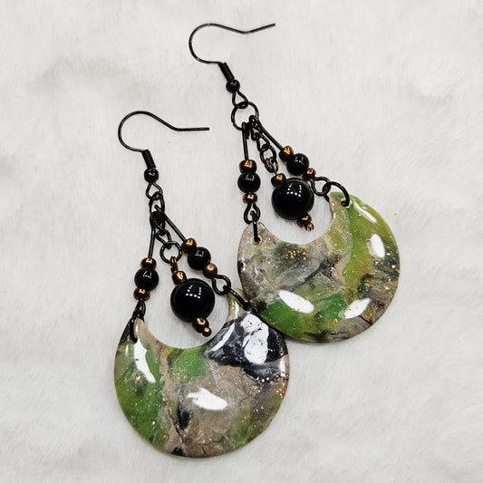 Lime Green Camouflage Crescent Polymer Clay Earrings with Black and Bronze Beads