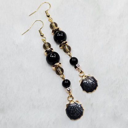 Long Black Glitter Enamel Clamshell Earrings with Black and Smokey Brown Glass