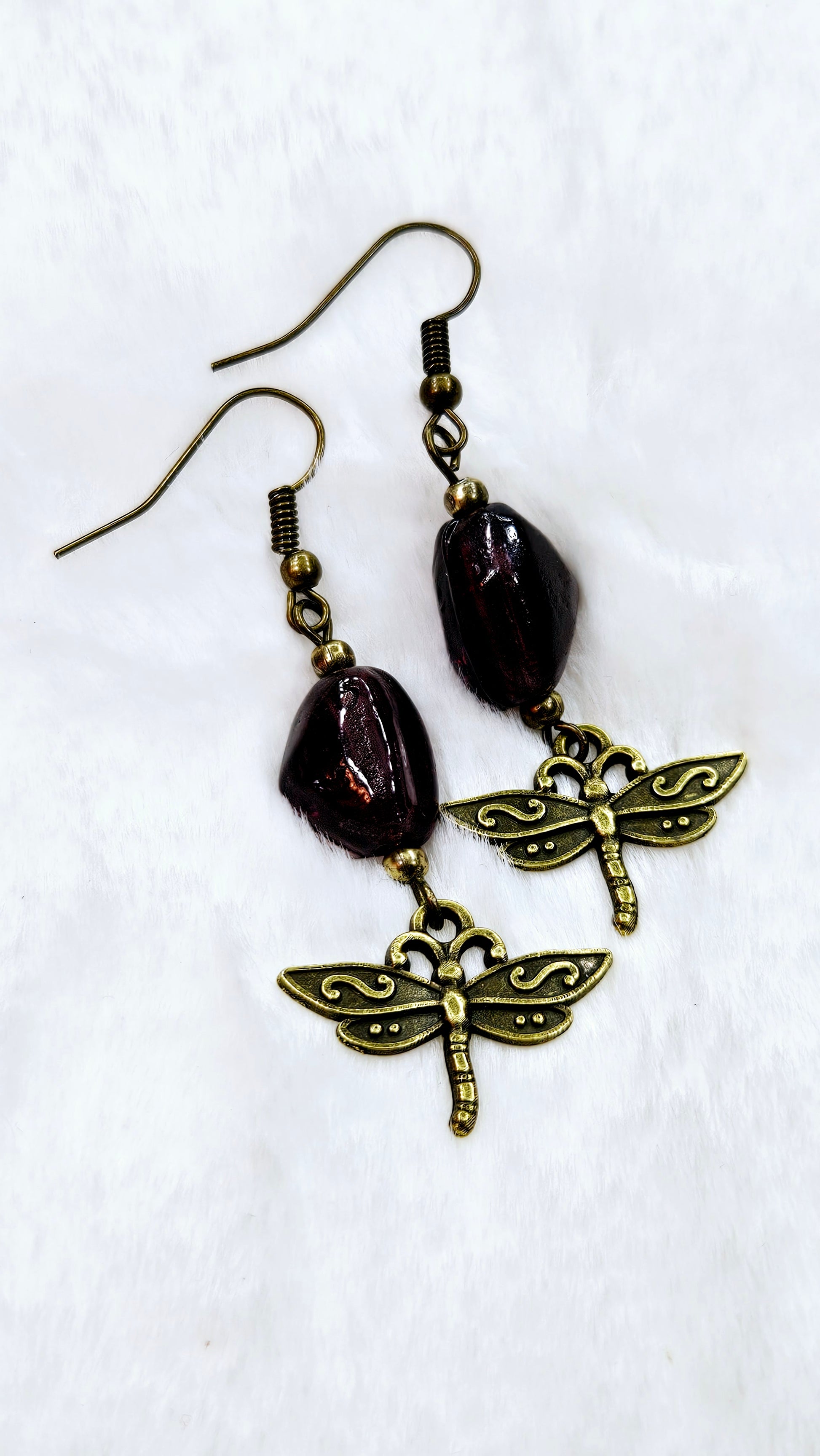 Deep Purple Stone & Brass Dragonflies Dangle Earrings