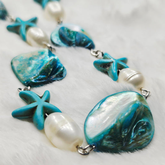 Turquoise Starfish Mother of Pearl Shells and Freshwater Pearl Necklace