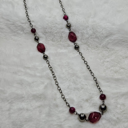 Long Gunmetal Black Chain and Dark Pink Beaded Necklace