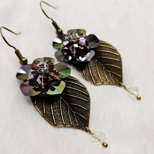 Antiqued Brass Leaf Earrings with Dark Purple Irridescent Flowers and Clear Crystal Dangles