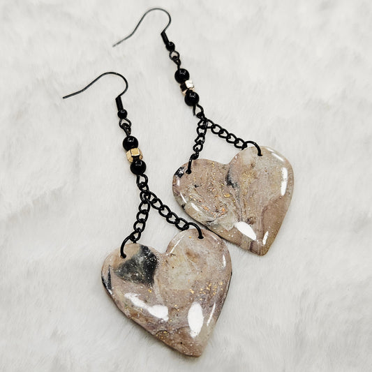 Black and Brown Gold Flake Marble Heart Polymer Clay Earrings with Black Chain