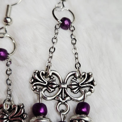 Tibetan Silver Chandelier Earrings on Chain with Purple Dangles
