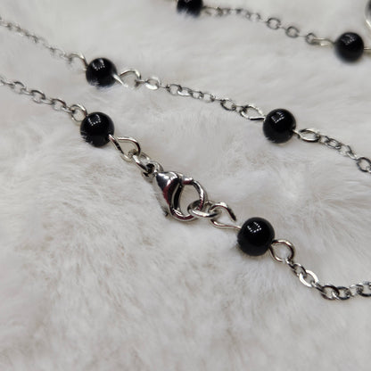 Black Hole Sun Beaded Silver Chain Necklace with Polished Black Glass - 16"