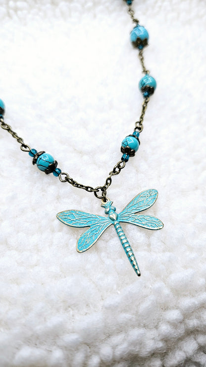 Blues & Brass Dragonfly Set - Pure Brass Dragonfly Pendant with matching Bracelet & Earrings