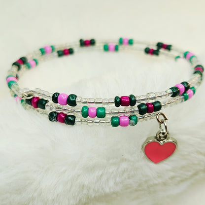 Precious Pink and Green Seed Bead Wrap Bracelet with Pink Heart Charm