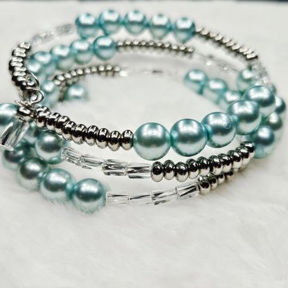 Cool Blue Pearl Wrap Bracelet and Earrings Set