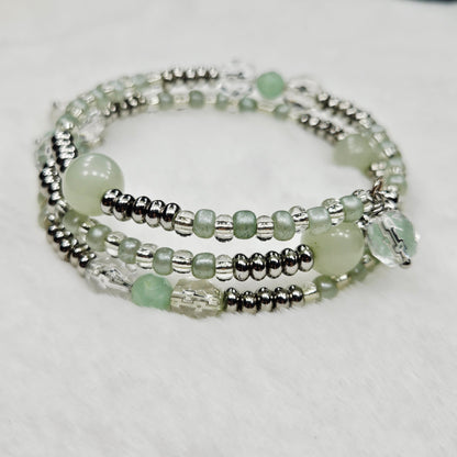 Silver and Pale Green Wrap Bracelet with Clear Crystal