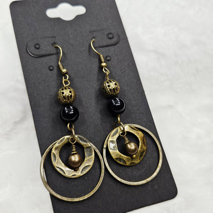 Antiqued Brass Drop Hoop Dangle Earrings
