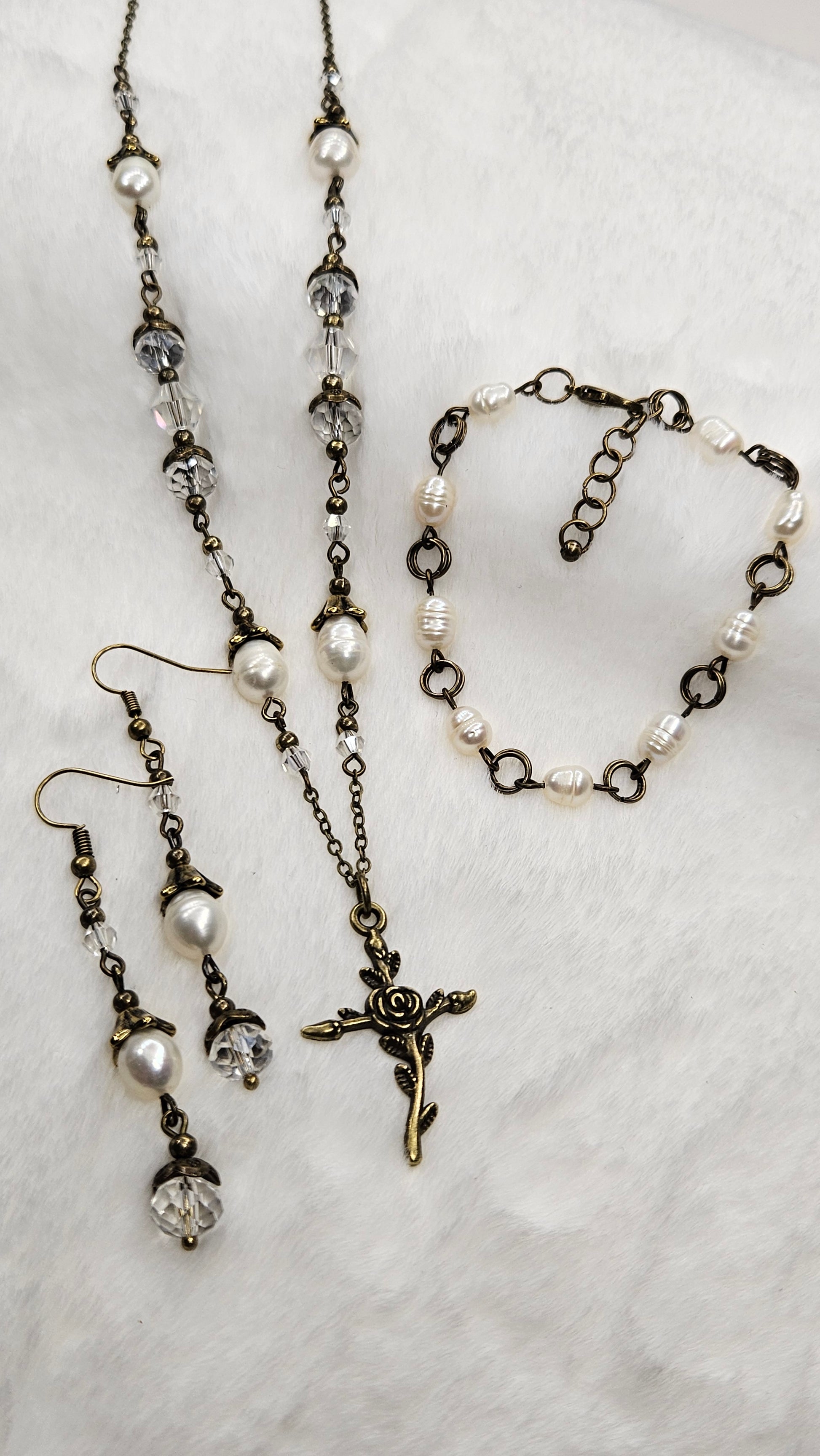 Antique Brass Risen Rose Cross Set - Rose Cross Pendant Necklace with Crystal & Freshwater Pearls Earrings & Bracelet