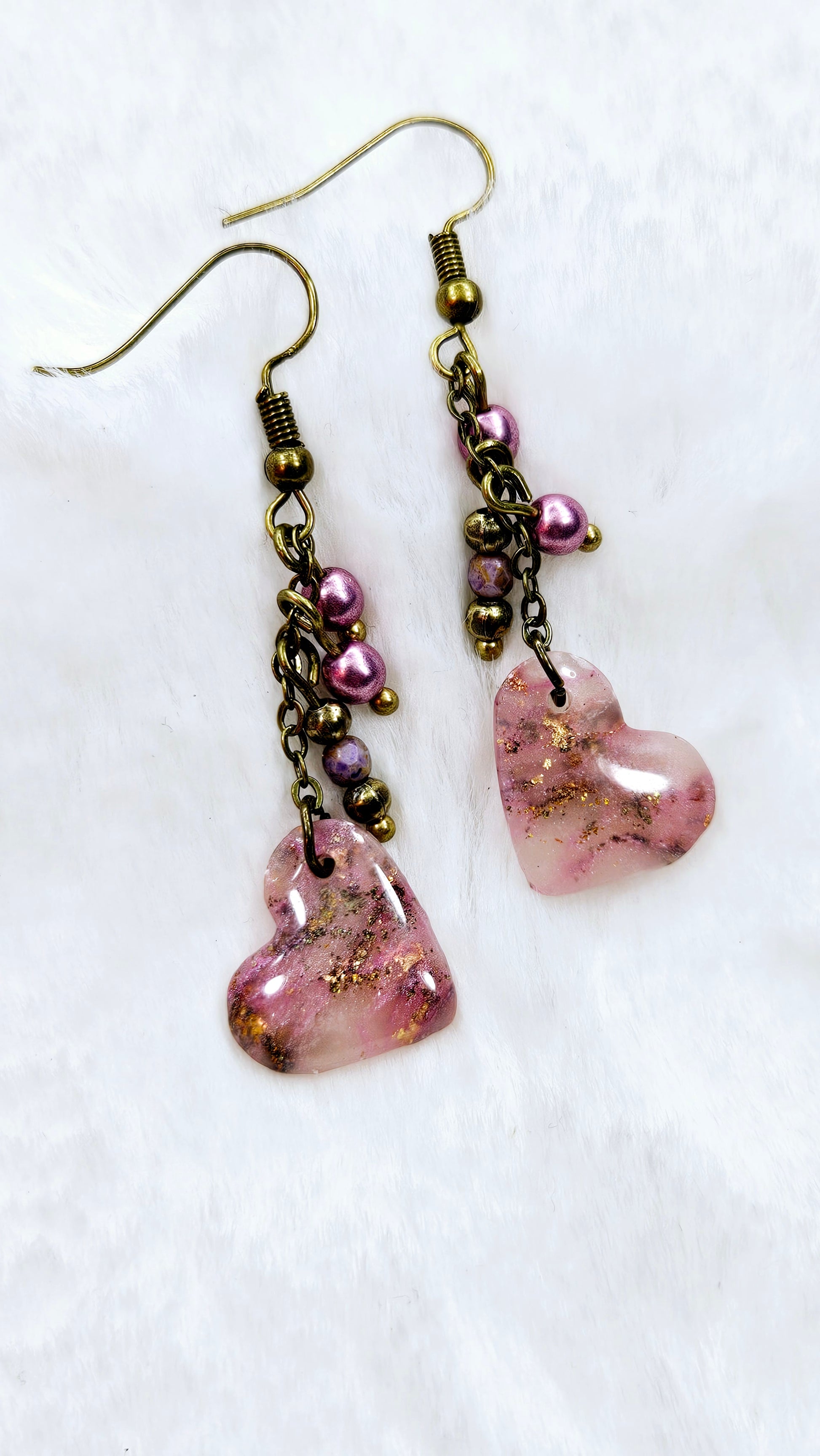 Pink Passion Marbled Clay Hearts with Gold Fleck on Brass Dangle Earrings