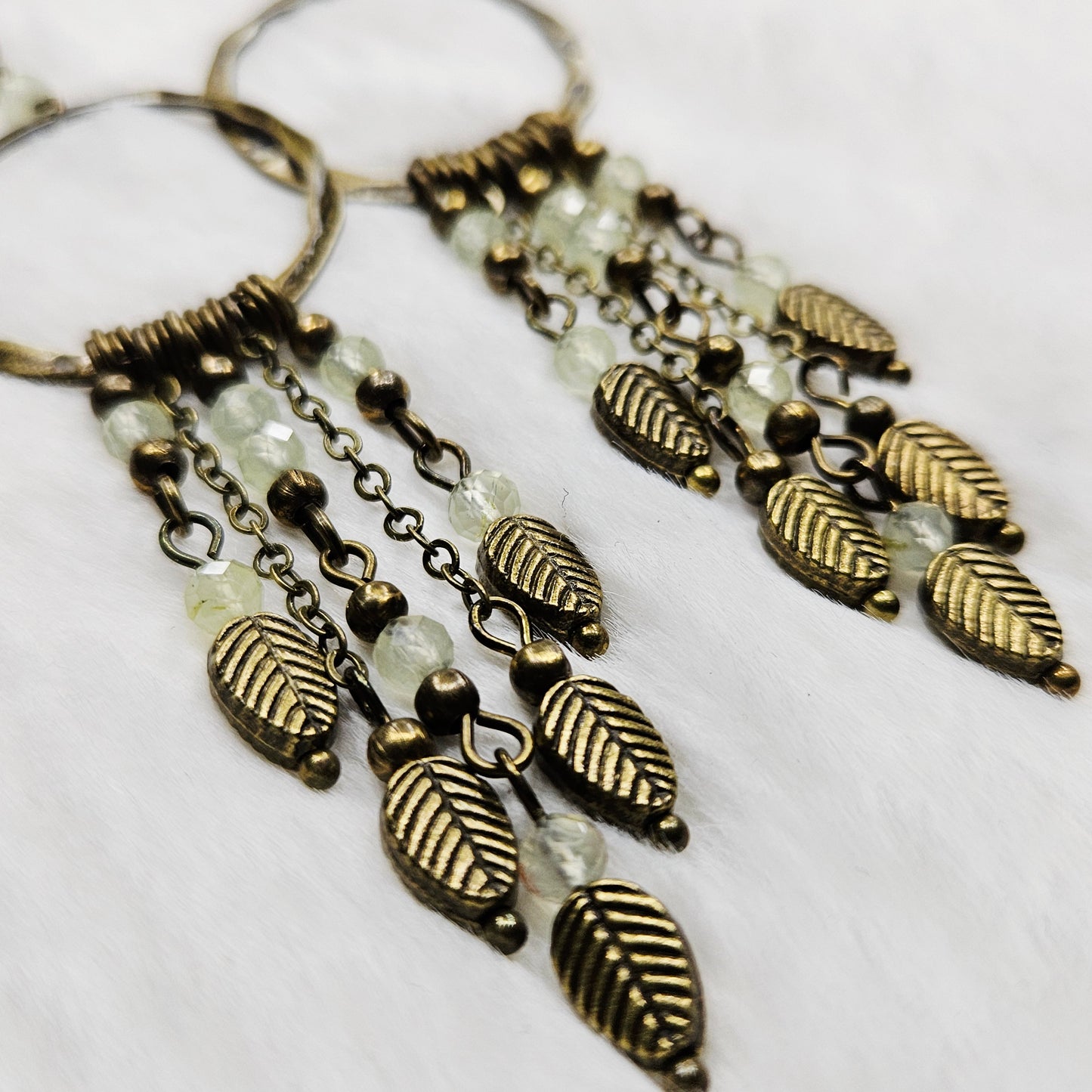 Long Rustic Prehnite Crystal and Brass Leaf Chandelier Earrings