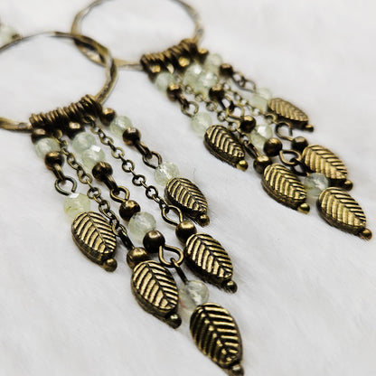 Long Rustic Prehnite Crystal and Brass Leaf Chandelier Earrings