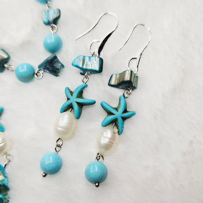 Turquoise Starfish Mother of Pearl Shell and Freshwater Pearl Earrings