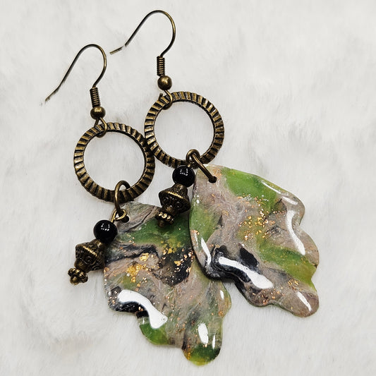 Lime Green Camouflage Leaf Polymer Clay Earrings with Antiqued Brass Hoops