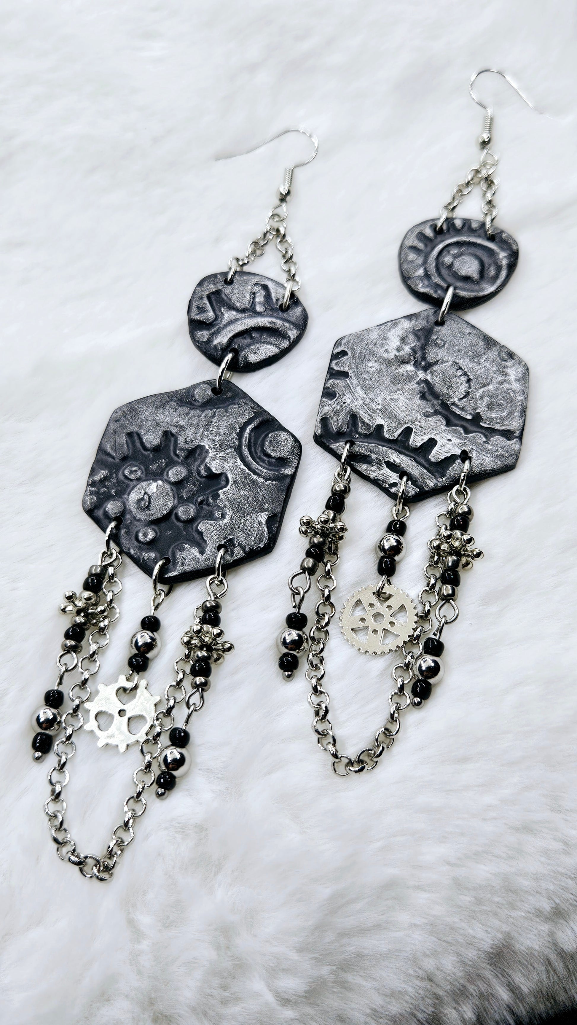 Pop, Lock, and Cog It Silver Steampunk Clay Dangle Earrings