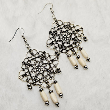 Square Antique Silver Tibetan Filigree Rhombus Chandelier Earrings with White Dangles