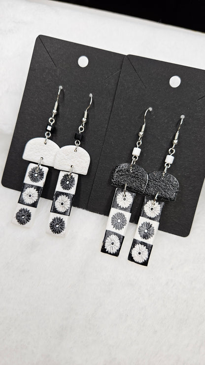 Monochrome Floral Print Clay Earrings with Black or White Arches - 3"