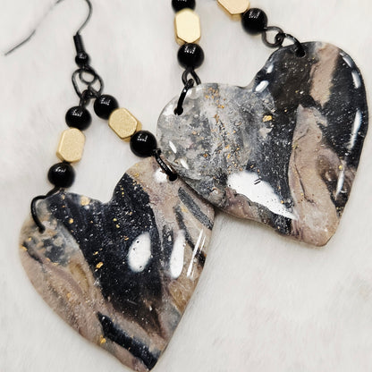 Black and Brown Gold Flake Marble Heart Polymer Clay Earrings with Black and Gold Beads
