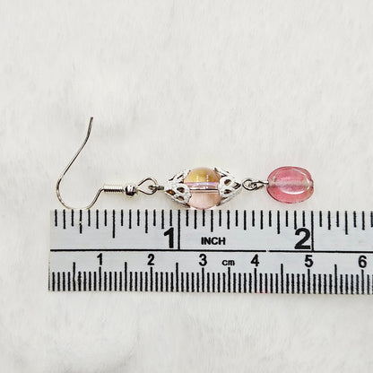 Pretty Pink Iridescent Glass Dangle Earrings with White Filigree Bell Caps - 2"