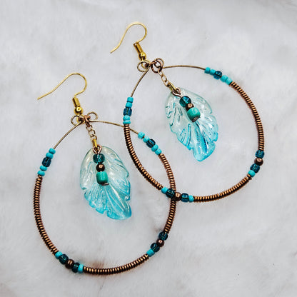 Boho Gold & Copper Wire Wrapped Hoops with Teal Blue Feathers and Seed Beads