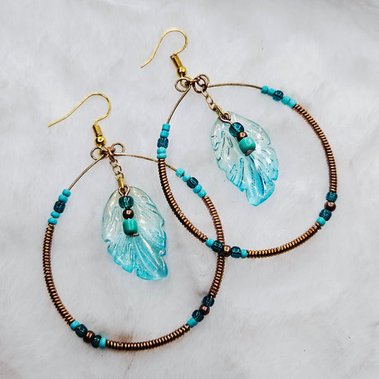 Boho Gold & Copper Wire Wrapped Hoops with Teal Blue Feathers and Seed Beads