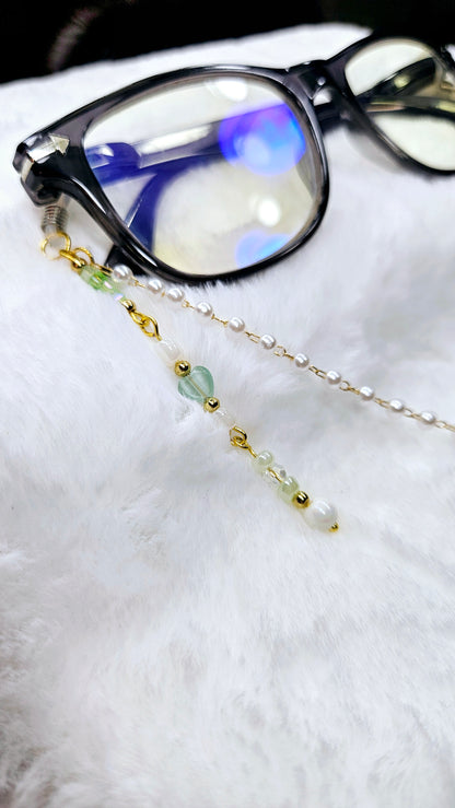 Green Hearts and Pearl on Gold Glasses Chain