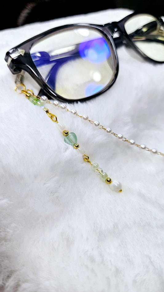 Green Hearts and Pearl on Gold Glasses Chain