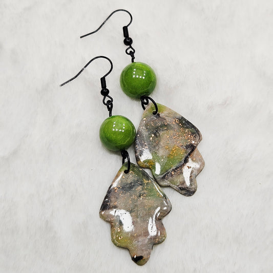 Lime Green Camouflage Leaf Polymer Clay Earrings