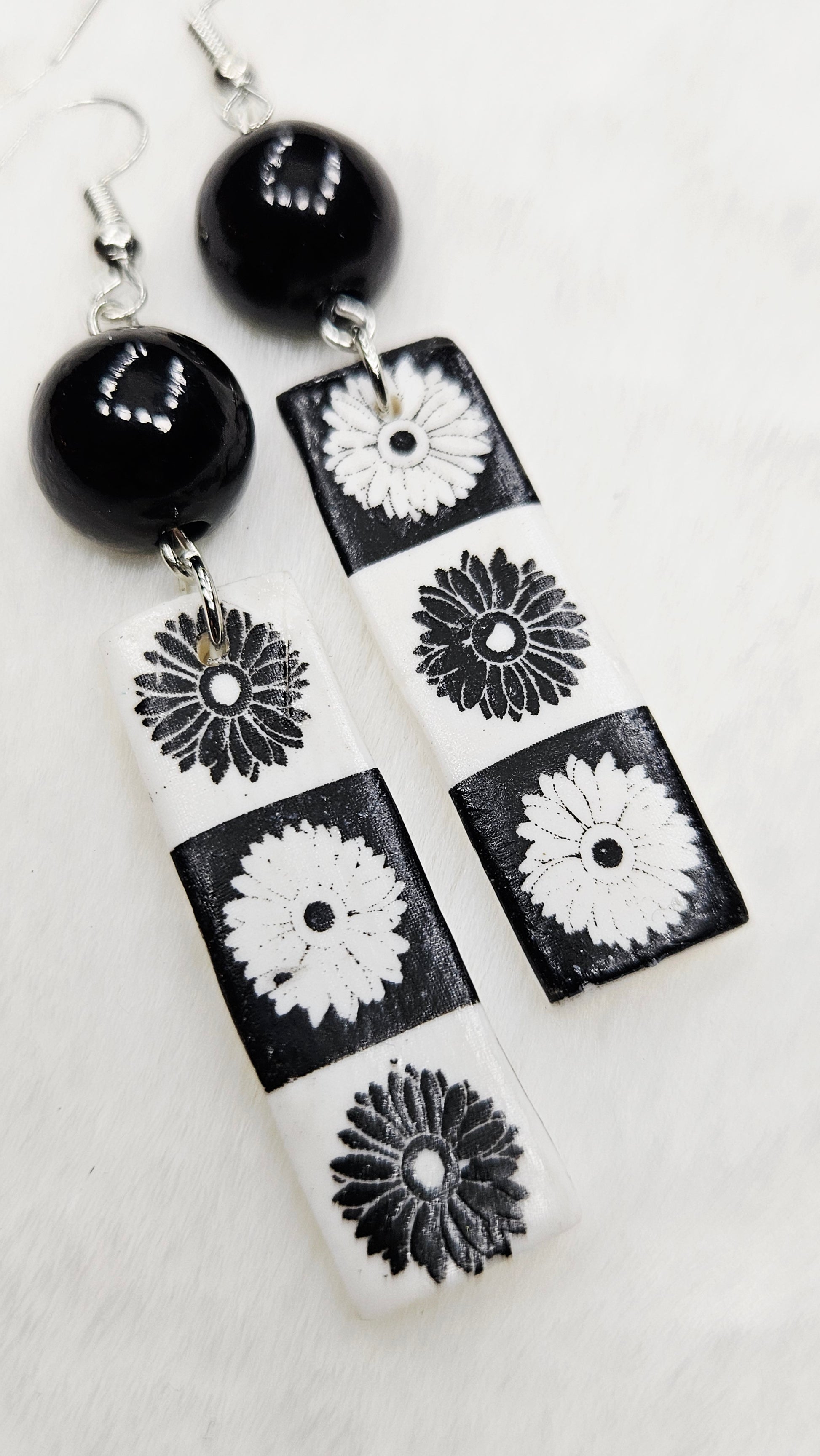 Monochrome Floral Clay Bar Dangle Earrings