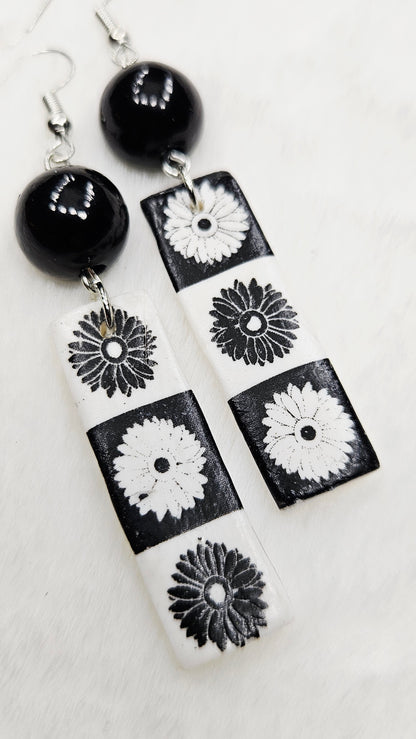 Monochrome Floral Clay Bar Dangle Earrings