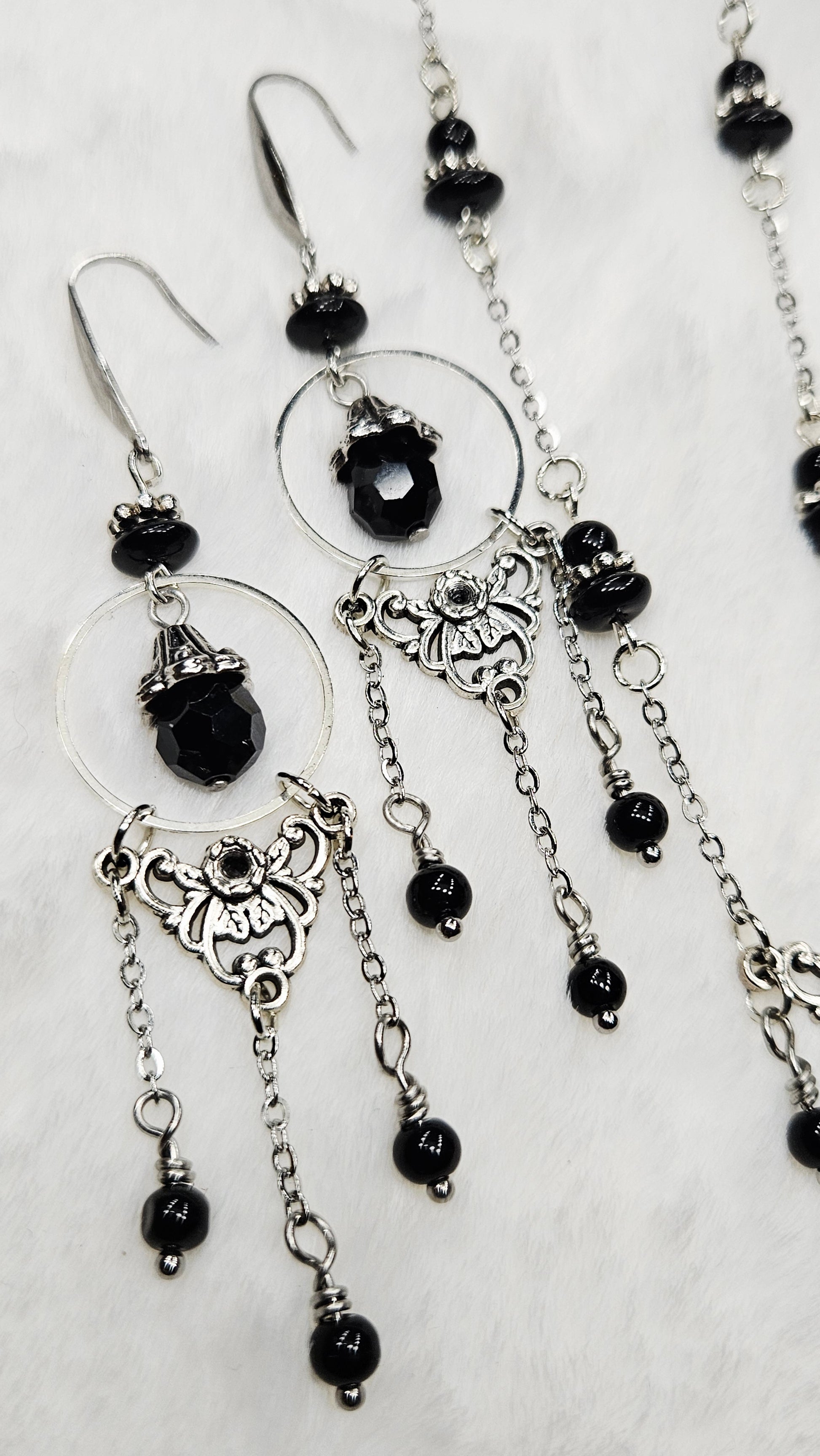 Vintage Filigree Set - Black Crystal Dragonfly and Silver Filigree Pendant Necklace with Earrings